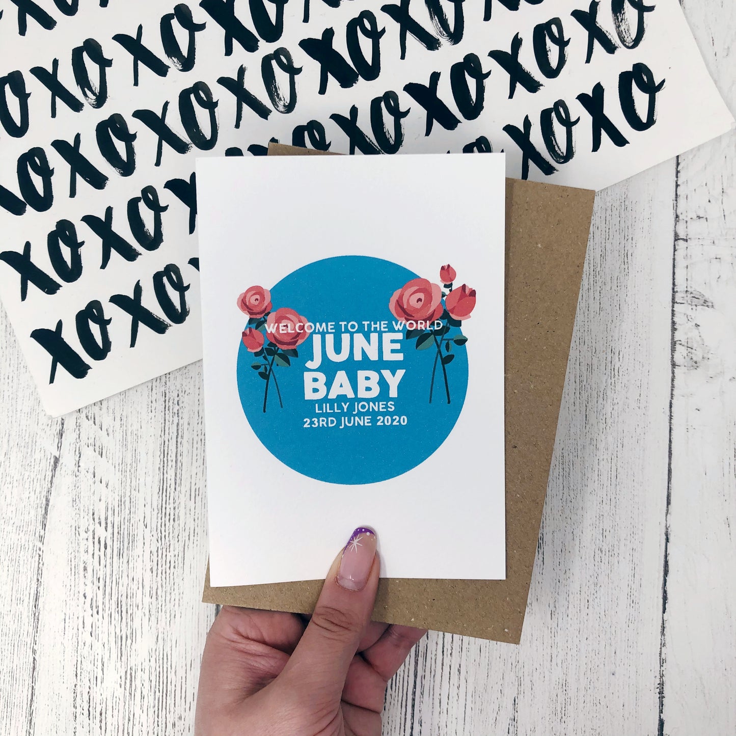 Personalised New Baby June Rose Flower Card