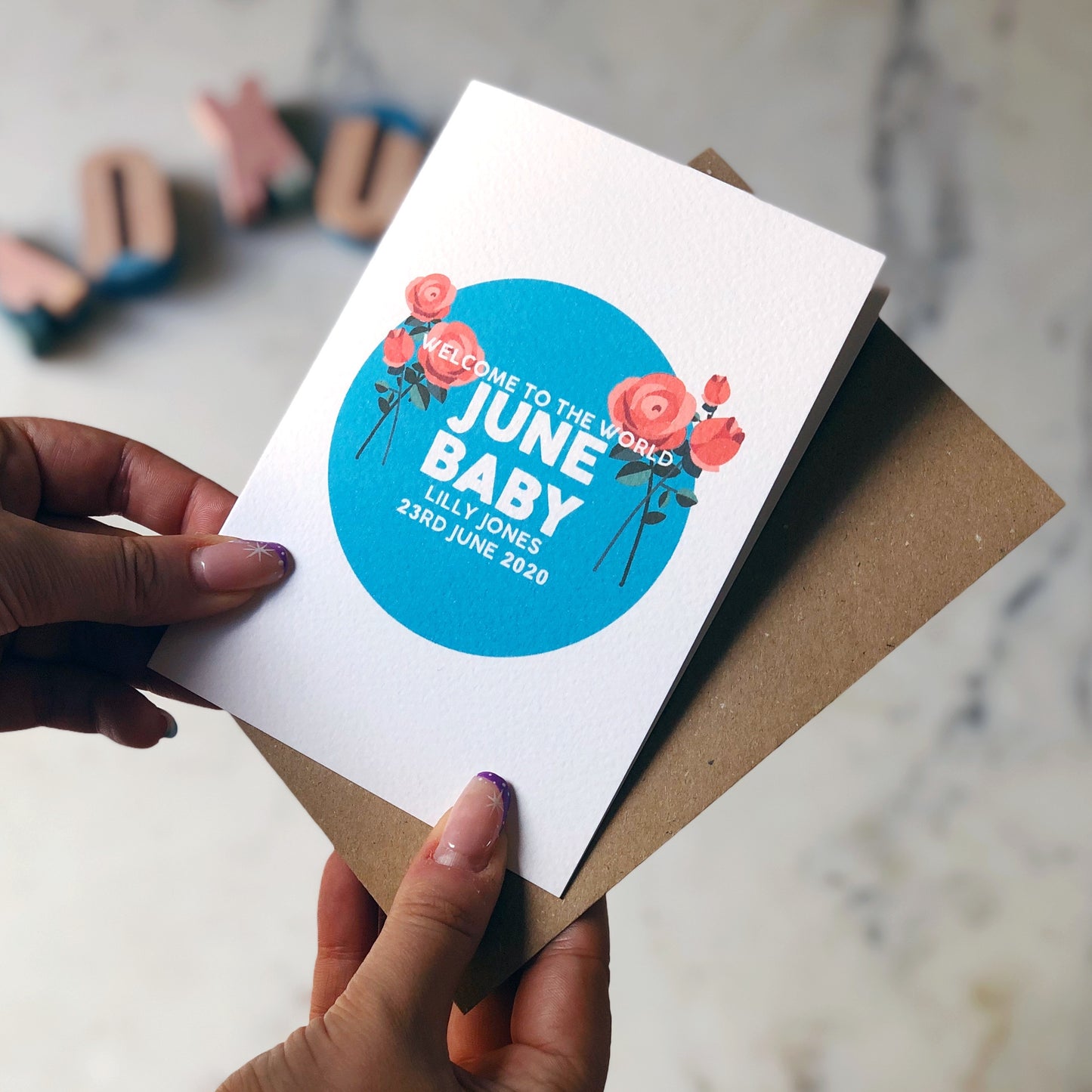 Personalised New Baby June Rose Flower Card