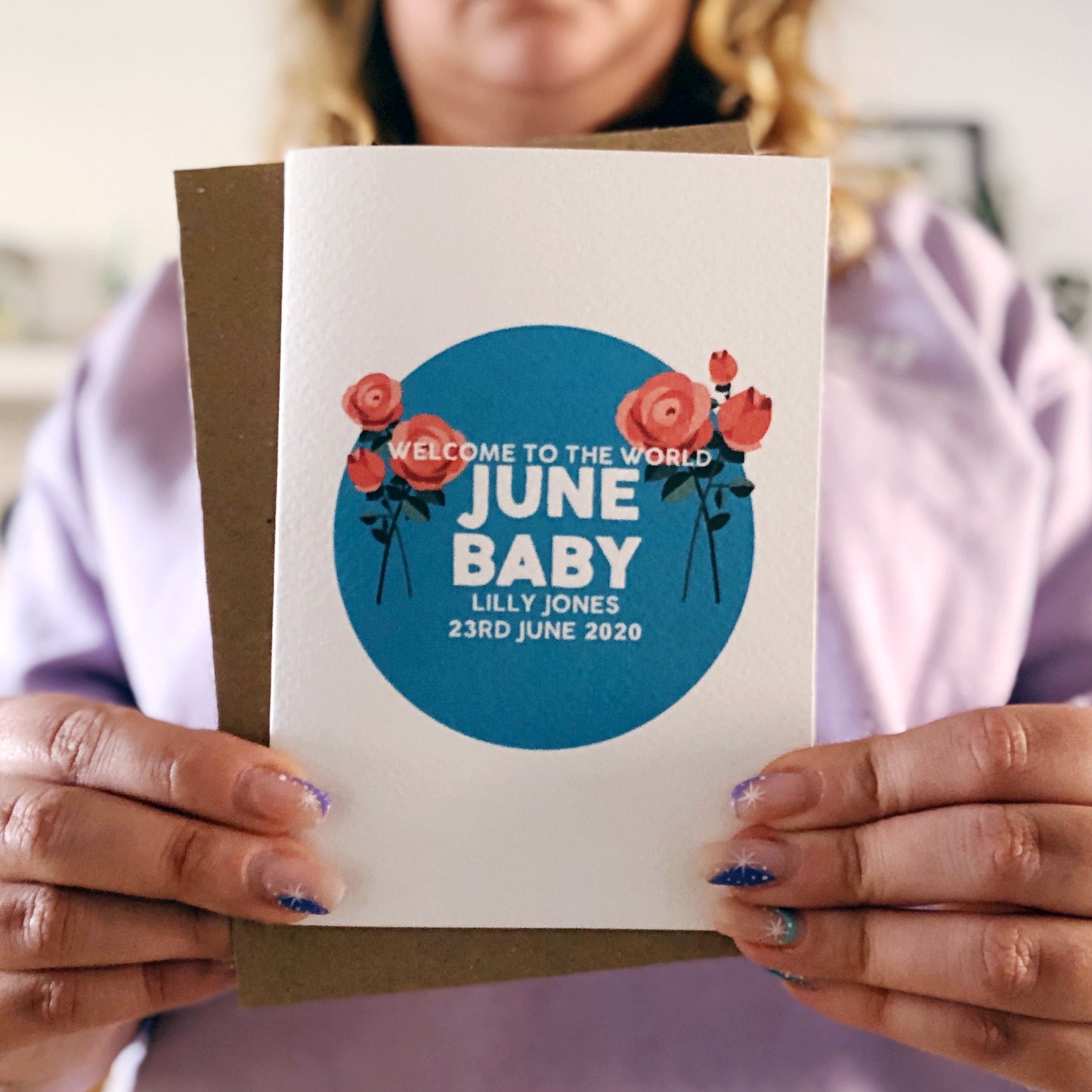 Personalised New Baby June Rose Flower Card