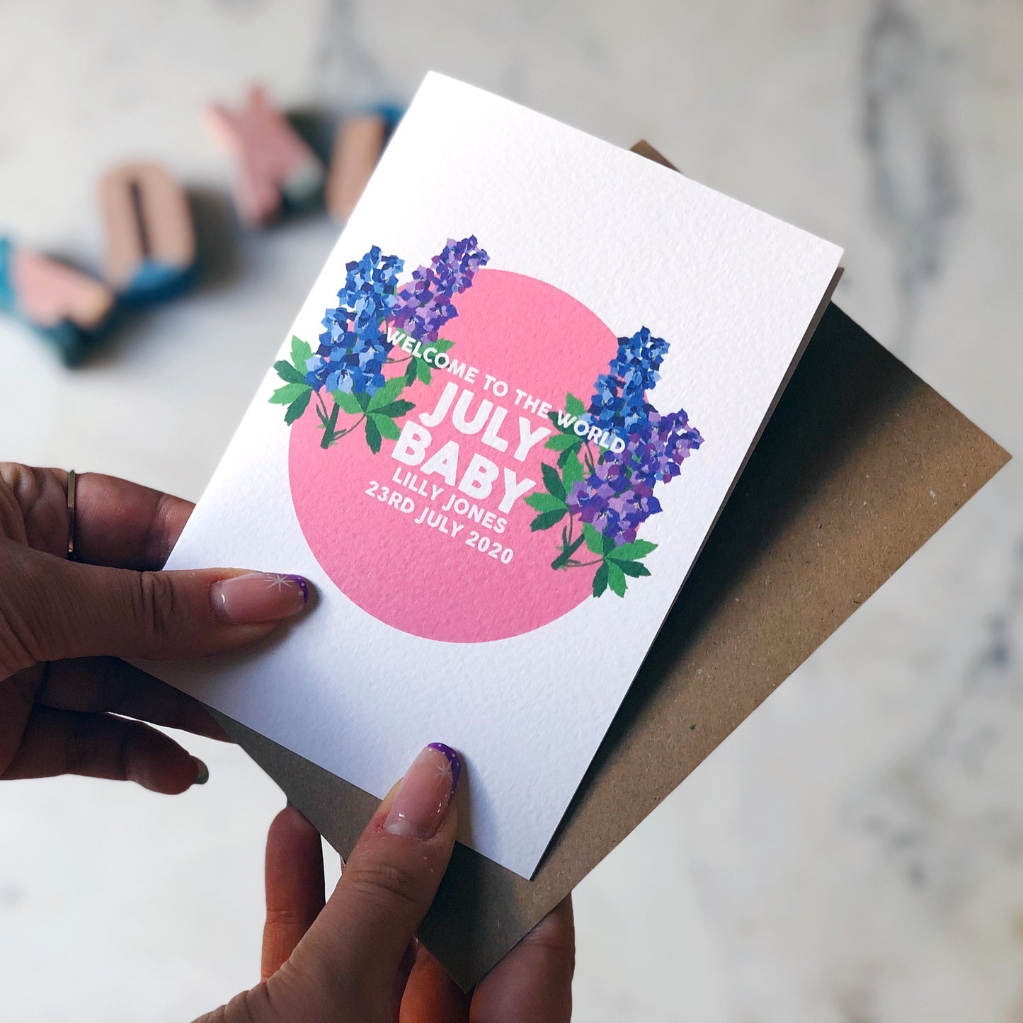 Personalised New Baby July Flower Card