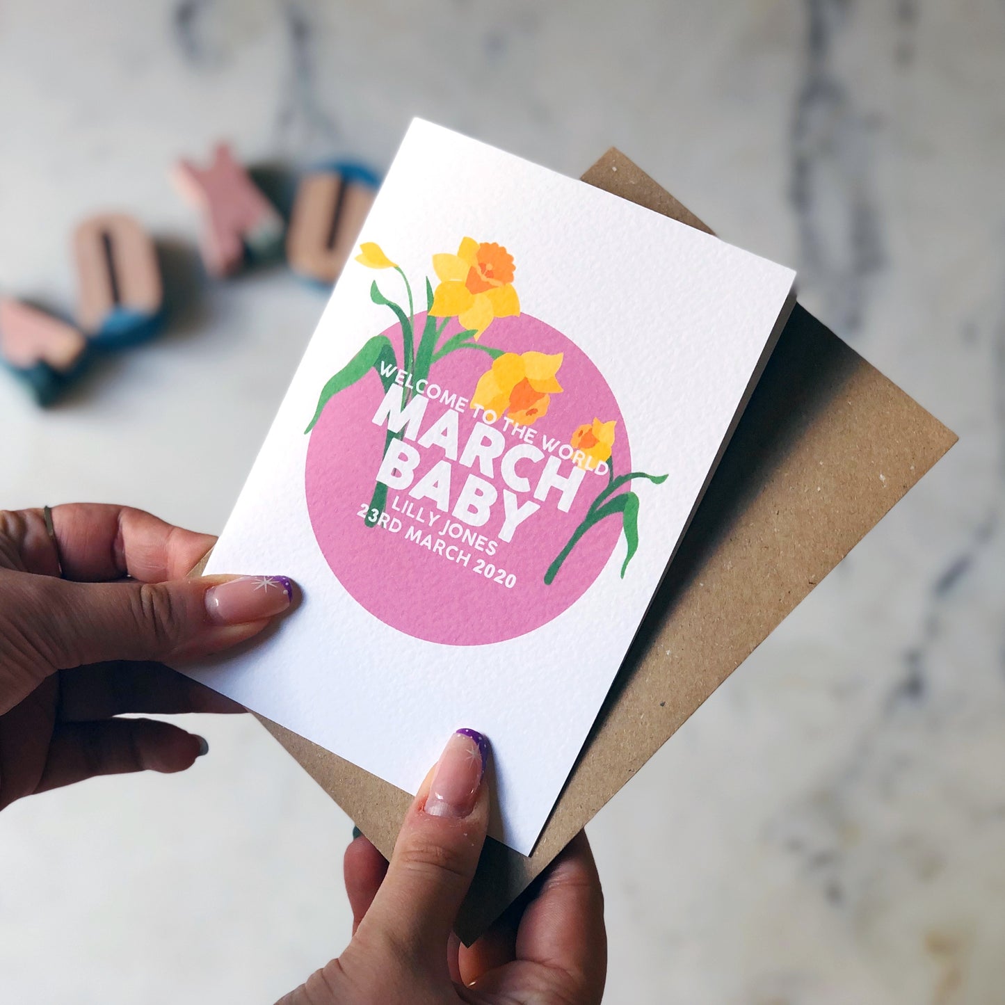 Personalised New Baby March Flower Card