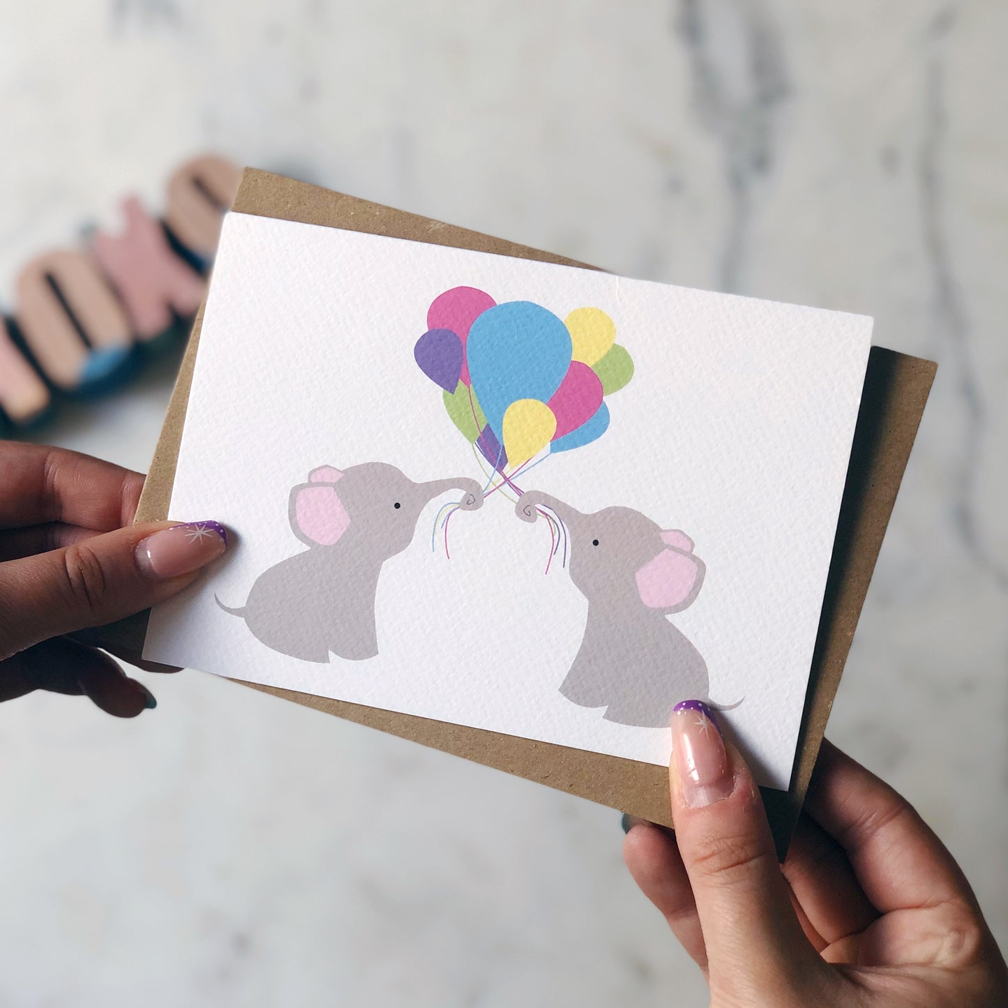 Multi Coloured Balloon Elephants Card