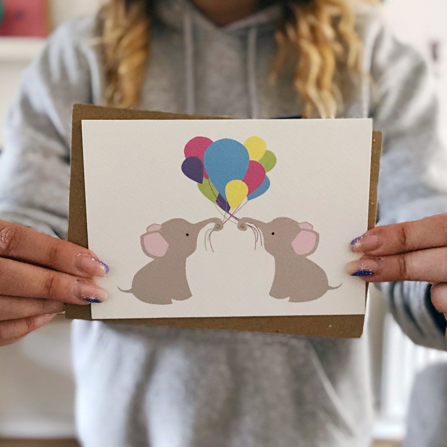 Multi Coloured Balloon Elephants Card