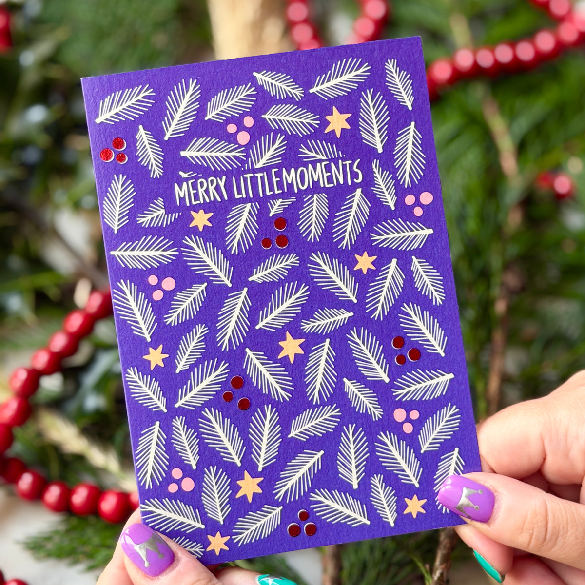 Purple Foliage Christmas Card | Festive Christmas Card 'Merry Little Moments'