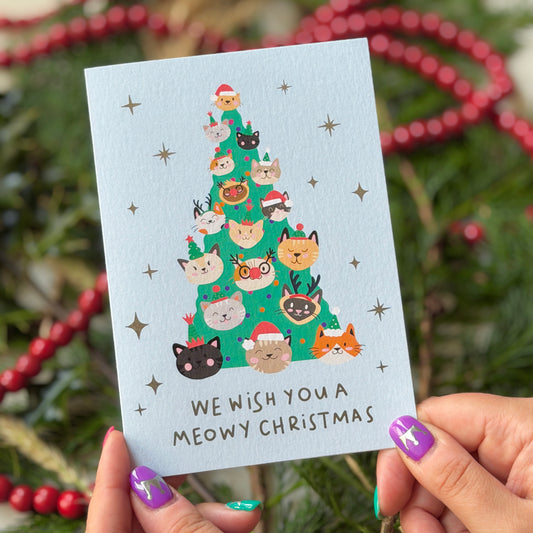 Christmas Card for Cat Lovers | Cute Festive Cat Card 'We Wish You A Meowy Christmas'