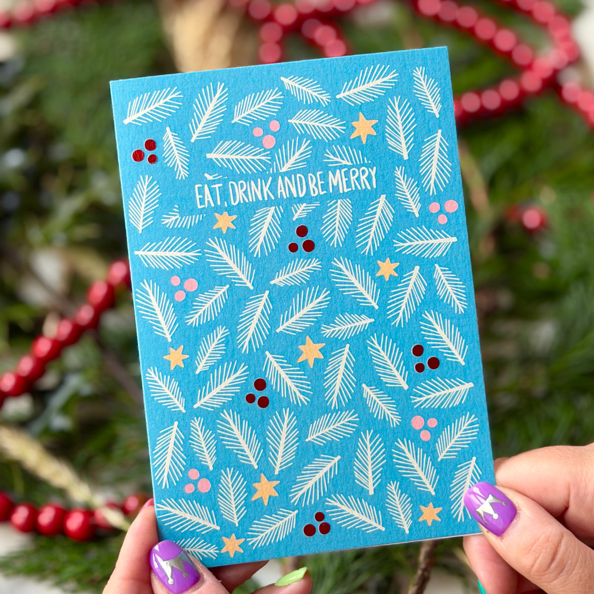 Blue Foliage Christmas Card | Botanical Card | Festive Christmas Card 'Eat, Drink and Be Merry'
