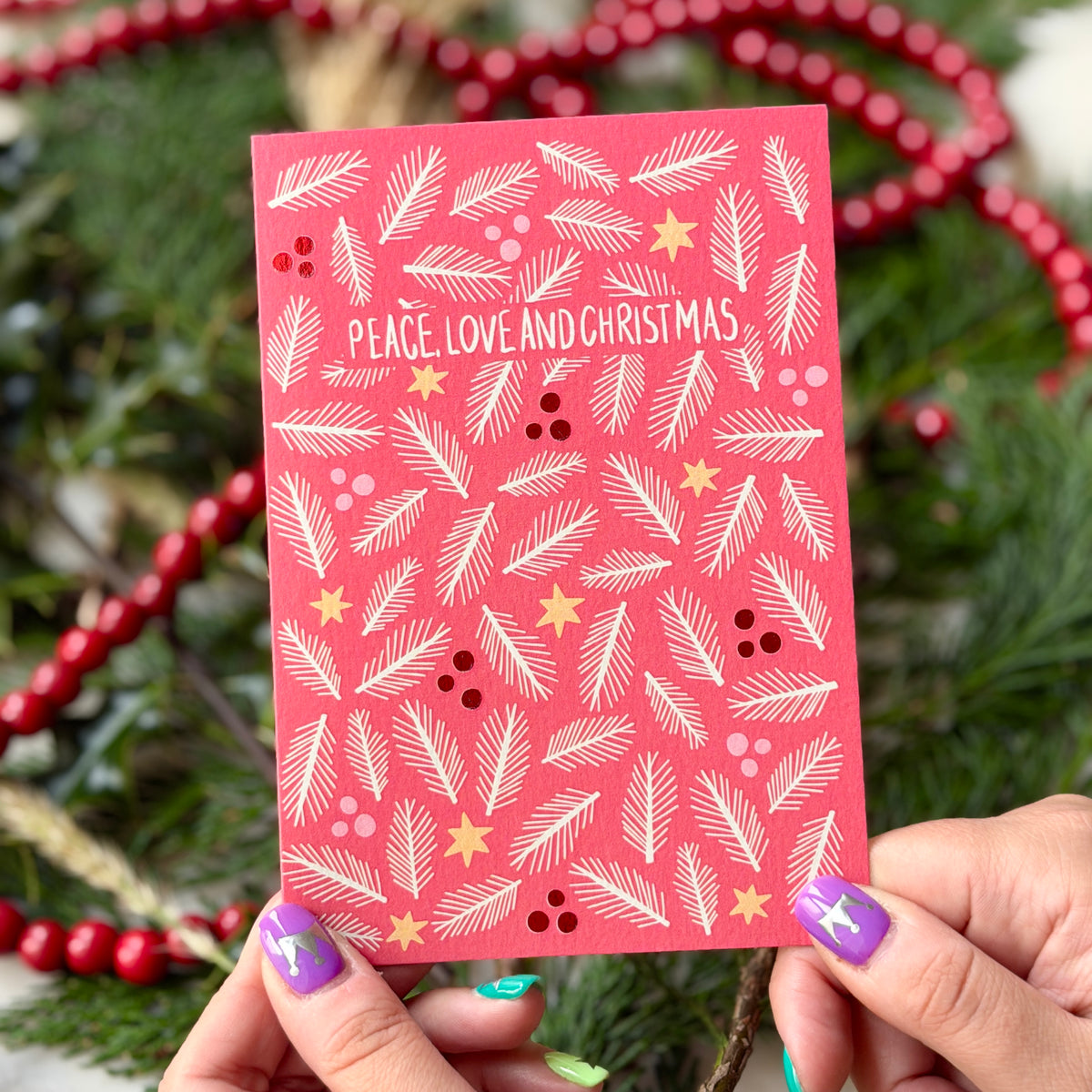 Red Foliage Christmas Card |  Botanical Card | Festive Pine Card 'Peace, Love and Christmas'