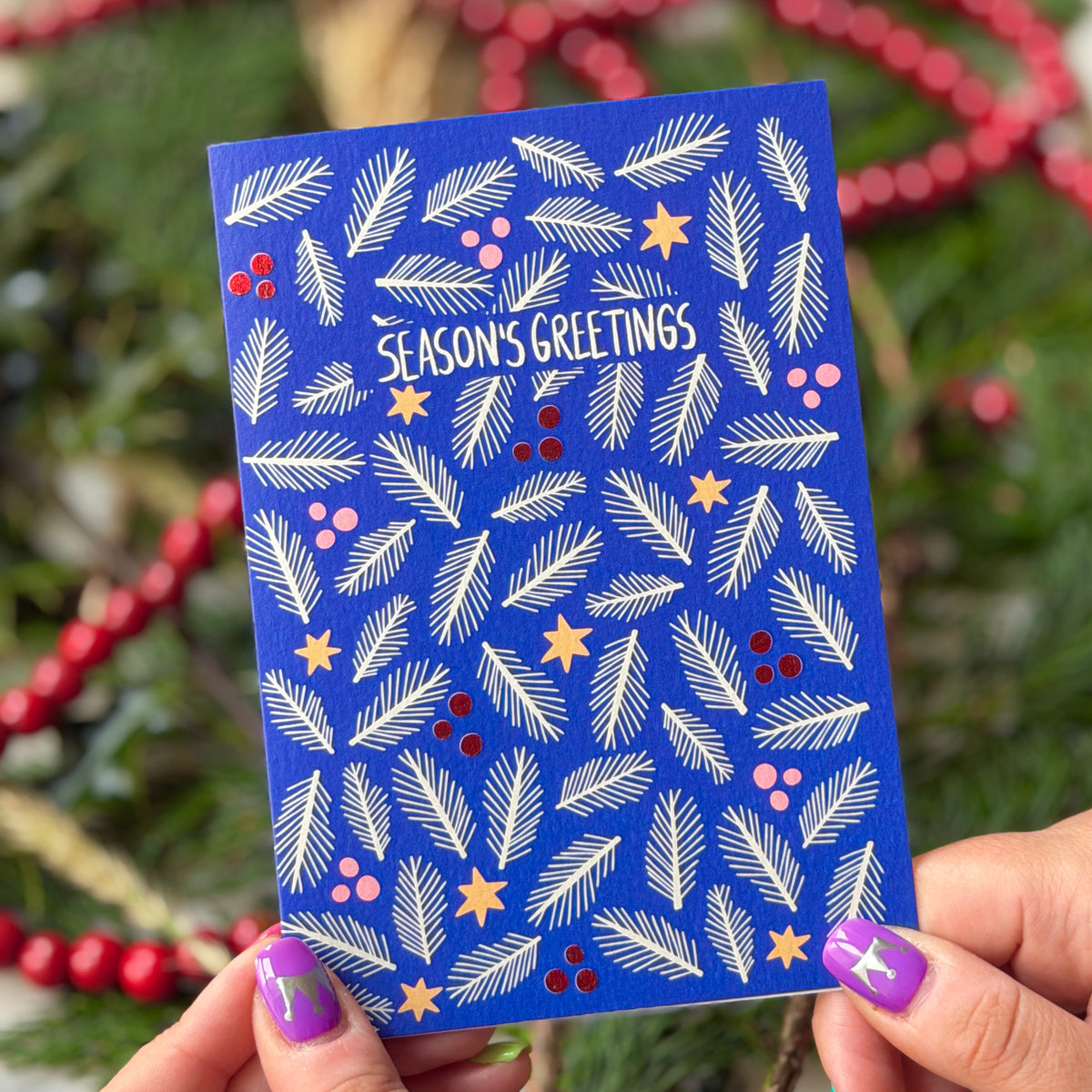 Blue Foliage Christmas Card | Botanical Card | Festive Pine Christmas Card 'Season's Greetings