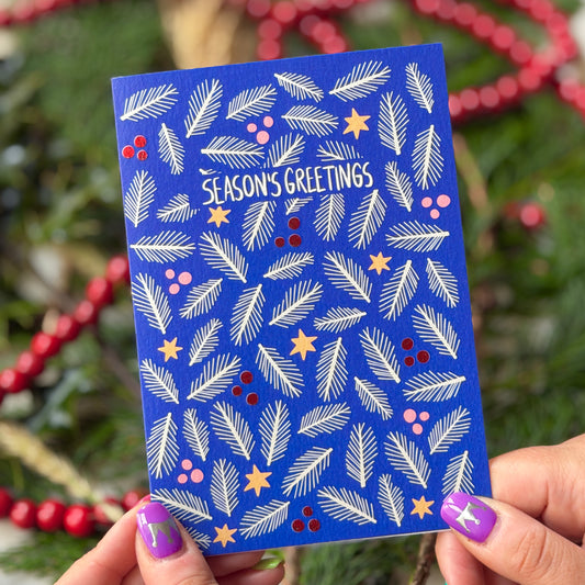 Blue Foliage Christmas Card | Botanical Card | Festive Pine Christmas Card 'Season's Greetings