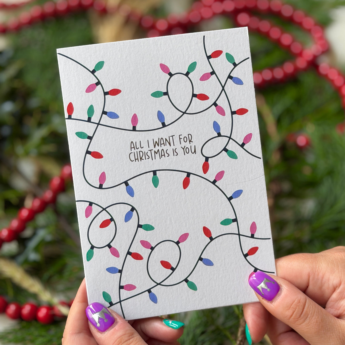 Christmas Vintage Lights | Festive String Lights Card 'All I Want for Christmas is You'