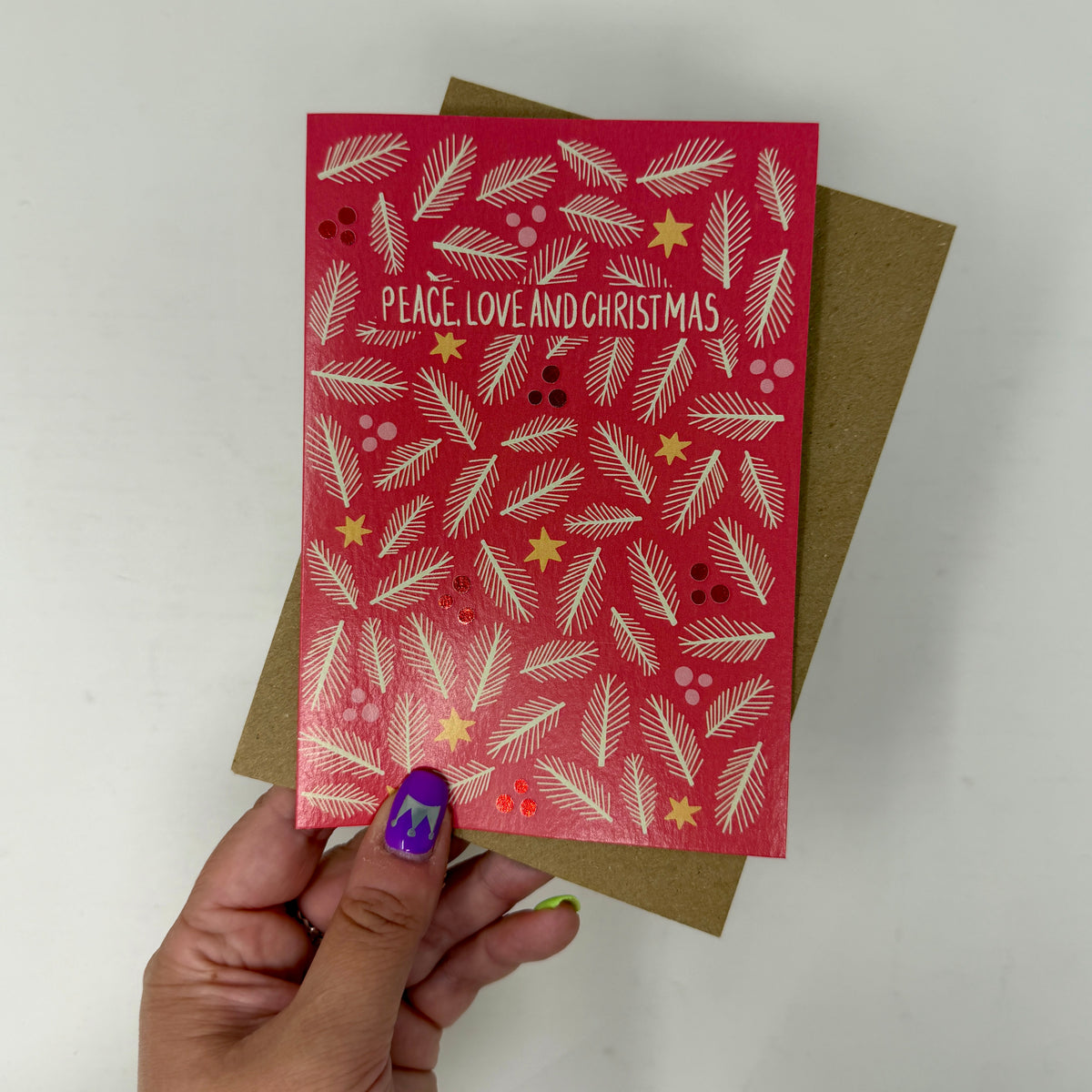 Red Foliage Christmas Card |  Botanical Card | Festive Pine Card 'Peace, Love and Christmas'