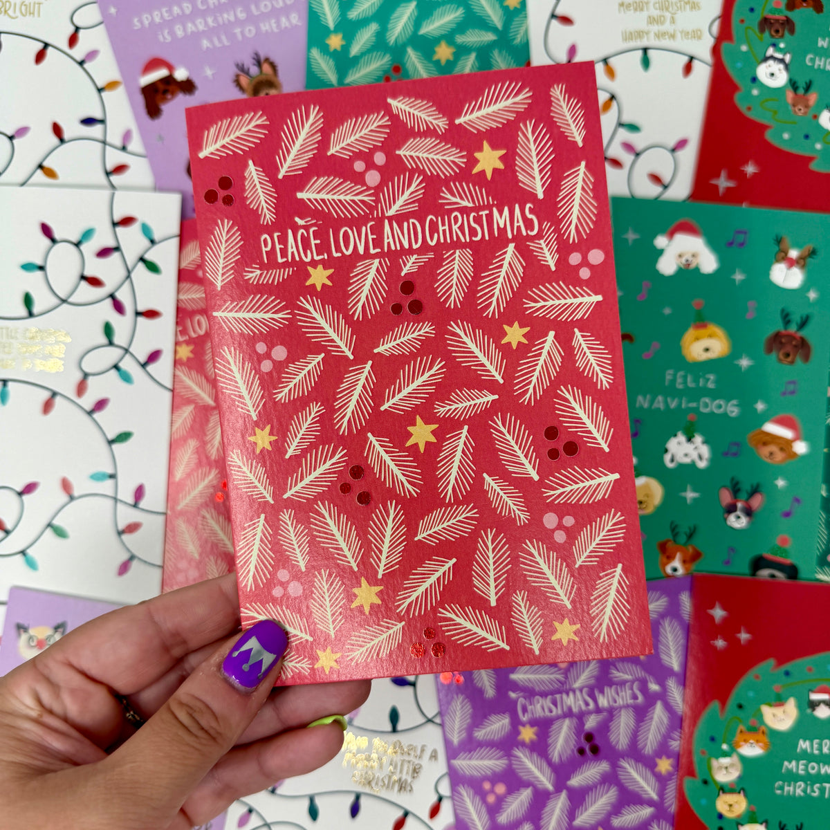 Red Foliage Christmas Card |  Botanical Card | Festive Pine Card 'Peace, Love and Christmas'