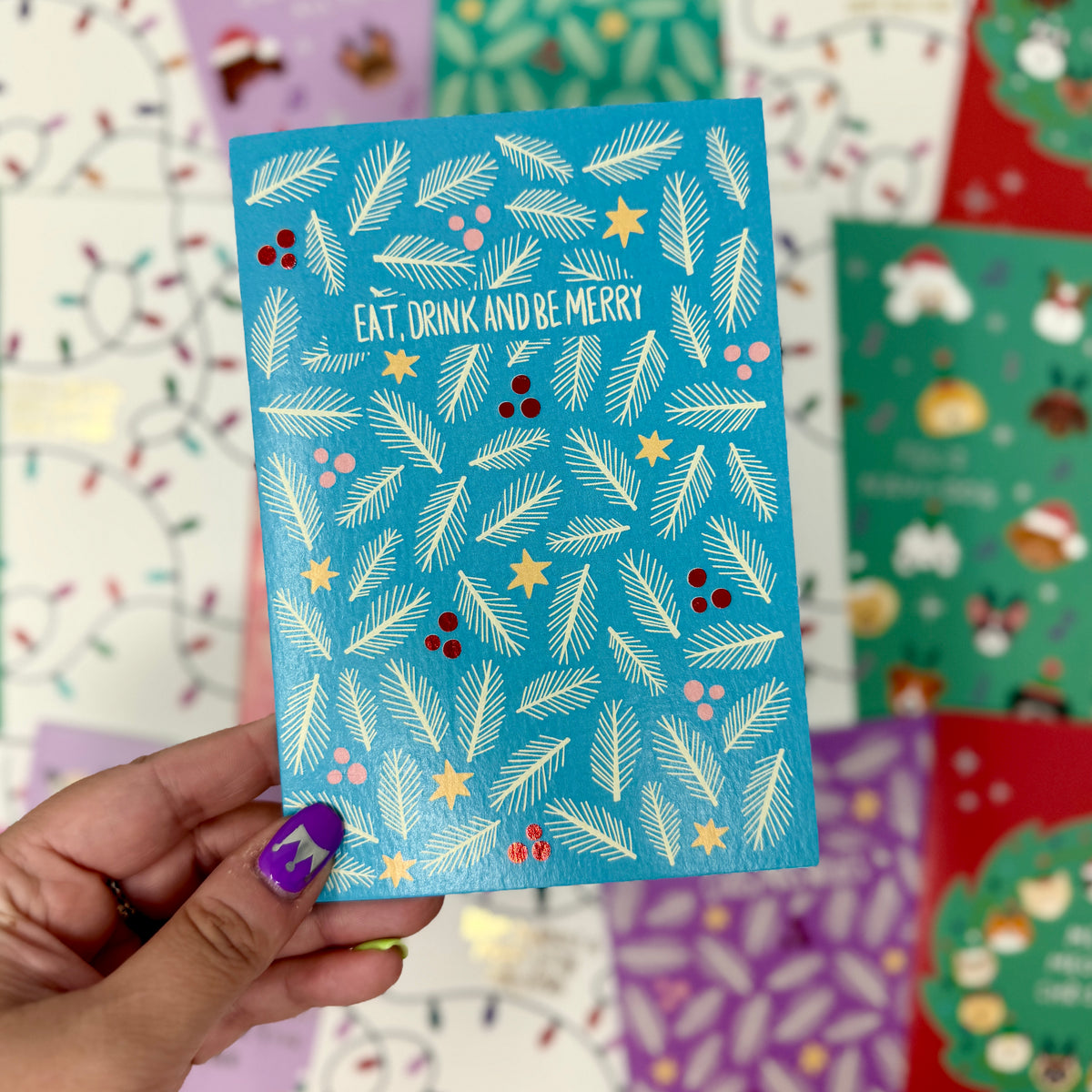 Blue Foliage Christmas Card | Botanical Card | Festive Christmas Card 'Eat, Drink and Be Merry'