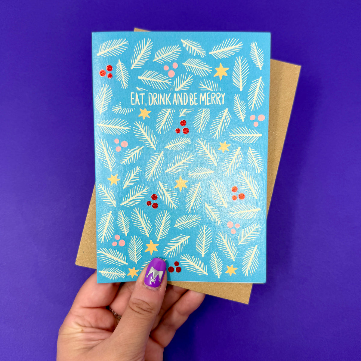 Blue Foliage Christmas Card | Botanical Card | Festive Christmas Card 'Eat, Drink and Be Merry'