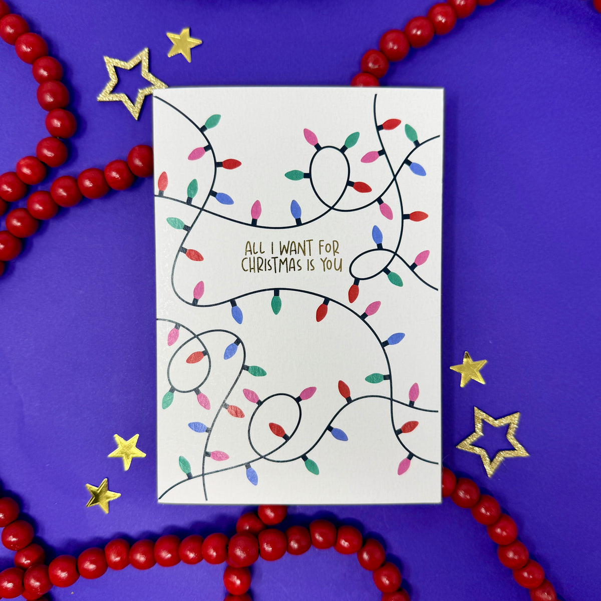 Christmas Vintage Lights | Festive String Lights Card 'All I Want for Christmas is You'