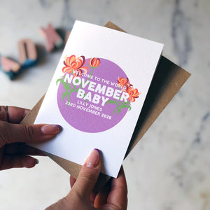 Personalised New Baby November Flower Card